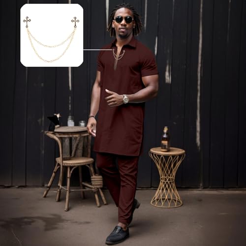 Men’s 2 Piece Suit Set Casual Short Sleeve Dashiki Chain Shirt and Pants Outfit Loose African Tracksuit3