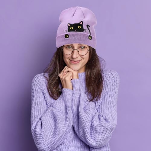 Girls Cute Cat Embroidered Beanie Hat and Socks Set, Kids Knitted Beanies Skull Cap for Christmas Gift Cat-Lovers Gift2