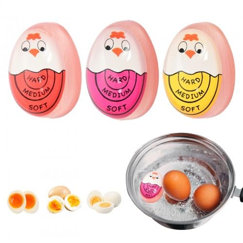 3 Stück Timer für Eier, Eieruhren Set, Wiederverwendbare Eieruhr mit Farbwechsel, Wärmeempfindliche Eieruhren (Rot, Lila, Gelb)