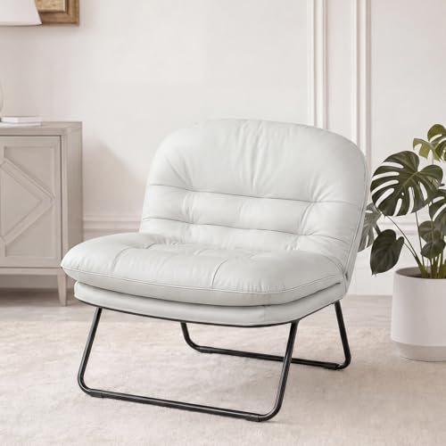 DUMOS Comfy Saucer Chair PU Leather Foldable Chairs for Bedroom Living Room Dorm & Gaming Small Foldable Fashion Floor Chair with Back Support for Small Spaces Adults Snow White