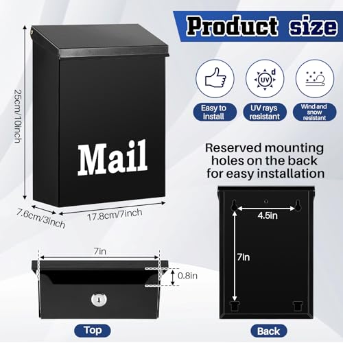 Image of MorningRo 10 x 7 x 3 Inch Small Black Wall Mount Mailbox with Lock Key for Outside Apartment Porch Rust Proof Security Key Drop Box for Letters Newspapers Cards