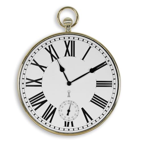 Fishtec Horloge Murale Design - Montre Gousset Style Vintage - Grands Chiffres Romains - Lecture Facile - Radio-pilotée - Ø 30 CM - Convient pour la Cuisine, Salon,...