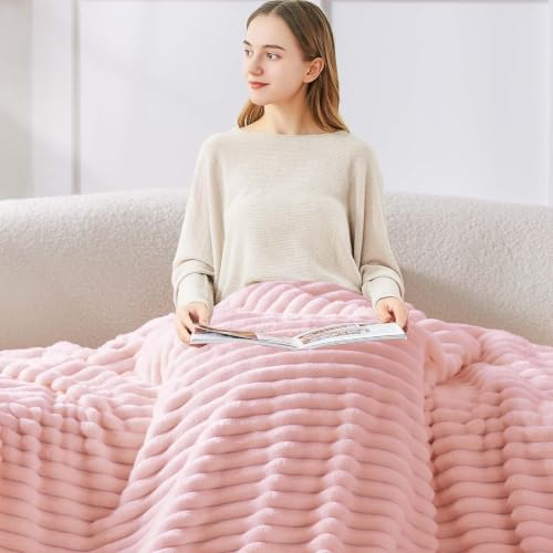 Image of BEDELITE Ribbed Twin Blanket for Couch & Bed, Pink, 60 inchx80 inch | Ultra-Soft Plush Fleece, Cozy, Warm Yet Lightweight, Ribbed Texture, Home Decor, Machine Washable, Giftable, All-Season Use