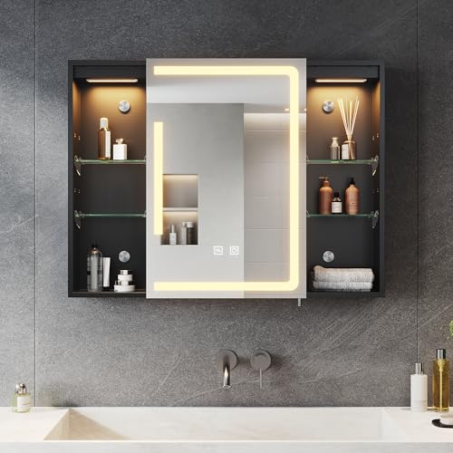 SONNI Spiegelschrank Bad mit Beleuchtung und Lagerung 80 * 60 cm, LED Spiegelschrank mit Steckdose, Dimmbar, 3 Einstellbare Lichtfarben Beschlagfrei Badezimmer Wandschrank, Medizinschrank Mattschwarz
