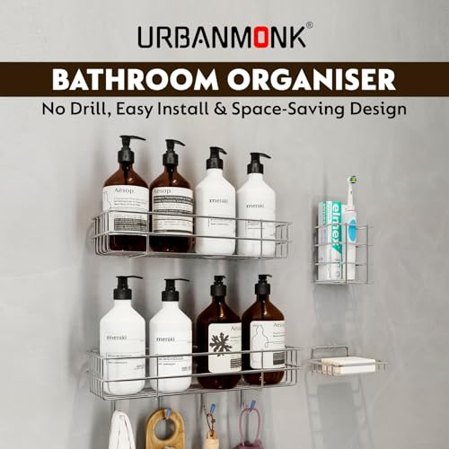 Image of URBANMONK 4 Pcs Bathroom Organiser Without Drill |Bathroom Accessories Set | Bathroom Stand for wall Toothbrush, Soap and Shampoo Holder