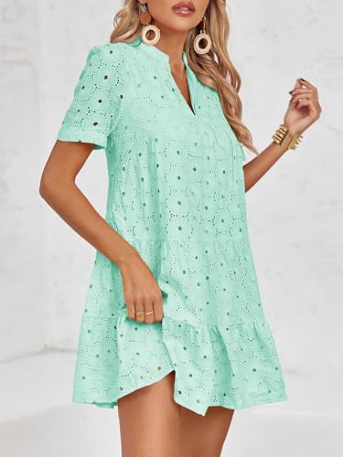 Image of Imily Bela Womens Summer Lace Dresses Eyelet Casual Flowy Babydoll Swing Short Sleeve V Neck Tunic Dress