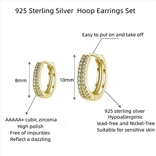 GULICX Small Silver Hoop Earrings For Women Men Girls,925 Sterling Silver Cubic Zirconia Sleeper Huggie Hoop Earrings , Cartilage Cuff Hoop Earrings Piercing Jewellery (8/10/12mm)