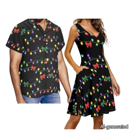 Image of Dreaweet Summer Dresses for Women A-Line Sleeveless Flowy Sun Dresses,Men's Casual Button-Down Shirts,Couple Matching Outfits