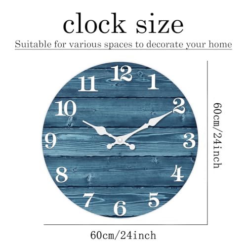 Image of XFM Blue Farmhouse Wall Clocks Battery Operated 24 Inch | Large Rustic Wood Silent Non Ticking Decorative for Living Room Bedroom Home Office