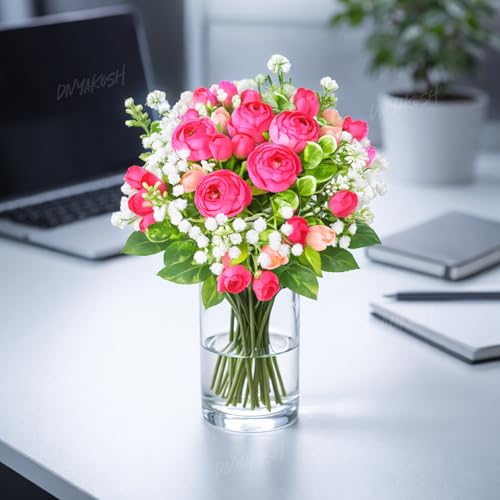Image of Divyakosh Artificial Peony Flower Bunch for Vase | Real Touch Faux Flowers with Gypsophila & Green Leaves | Decorative Fake Flowers for Home Living Room Bedroom Office Table Decor (VASE NOT Included)