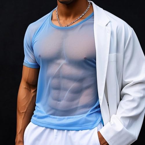 YINYOUYU Mens Mesh Shirt See Through Top Sexy Muscle Tee Lounge Short Sleeves Sheer Breathable T-Shirt Clubwear2