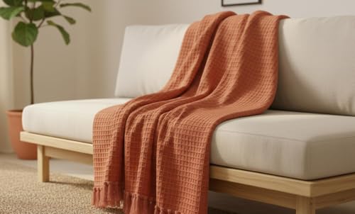 Image of 100% Cotton Waffle Weave Sofa Throw Blanket 50x60 Inches or 125x150 cms Lightweight, Soft & Breathable Couch, Bed or Chair Throw Blanket for Living or Bedroom, Orange