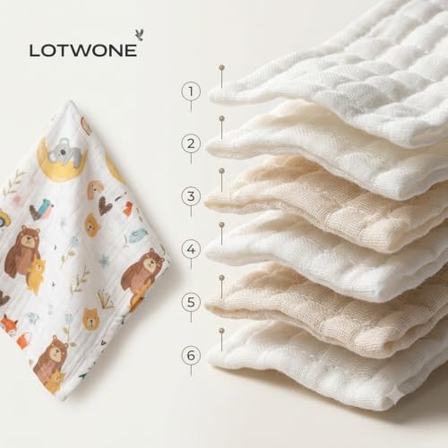 Image of 6 Layer Muslin Cotton Baby Wash Cloths Pack of 5, 25x25 cm | Soft Baby Face Towels for Newborns | Absorbent Reusable Burp Cloths, Feeding Wipes & Baby Napkins
