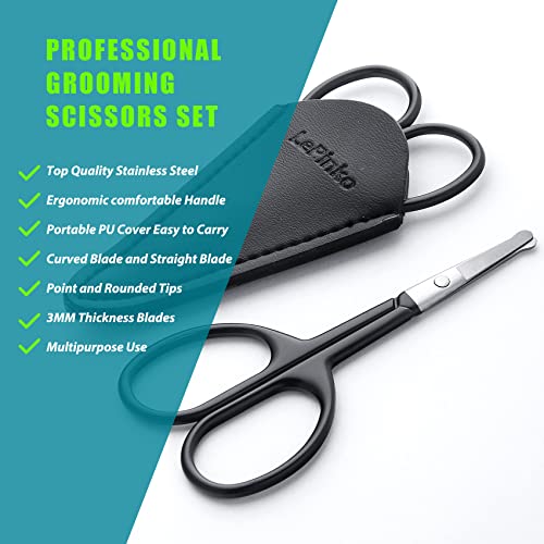 Facial Hair Small Grooming Scissors For Men Women - Eyebrow, Nose Hair, Mustache, Beard, Eyelashes, Ear Trimming Kit - Curved and Rounded Safety Tip Clippers For Hair Cutting 2PCS With Cover Black - Thumbnail 2