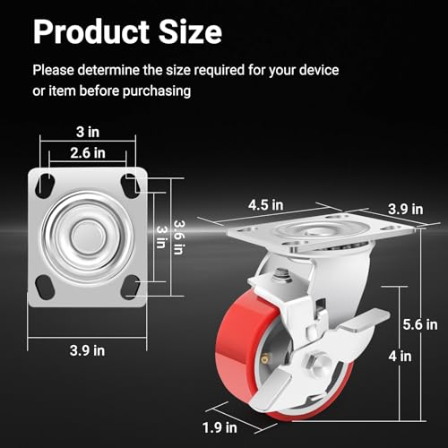 Image of Nefish 4 Inch Industrial Grade Casters Wheels, Heavy Duty Aluminum Core PU Castor Set of 4, Durable Plate Swivel Casters with Brake 3200 LBS, Anti-Corrosion Wheels for Industrial, Machine
