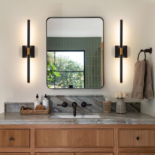 Image of 24 inch Morden LED Bathroom Vanity Light Fixtures, Black and Gold Bathroom Vanity Light Bar Over Mirror, Wall Sconces Lighting 4000K, Sconces Wall Lighting with Adjustable Lamp Tube