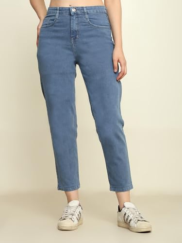 Image of Zayla Women's Mom Fit Cloud Wash Jeans I Full-Length Denim Stretchable High Waist Pant with Curved Pocket I Clean Solid Loose Fit Pants I for Everyday Office Party Girls