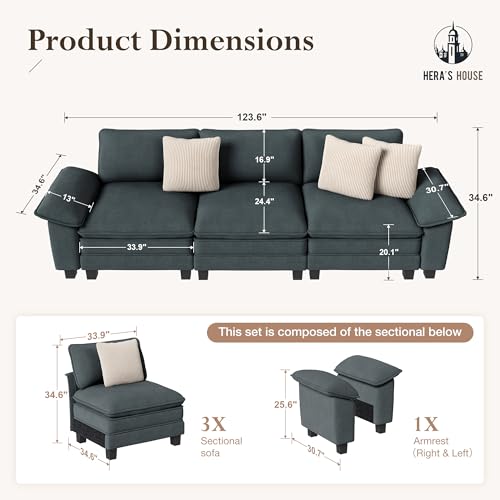Image of HERA'S HOUSE 124 inch Oversized Modular Sectional Straight Sofa,Chenille Blue | 3-Seater Living Room Couches, Wider Armrest and Deep Seat, Comfy Cloud Couch with Ottoman, Wood Sturdy Frame