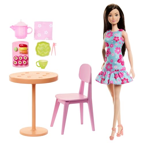 Image of Barbie Pink Passport Japan Cafe Playset with Fashion Doll in Dress & Shoes, Furniture & Accessories, Including Tea Set & Sushi