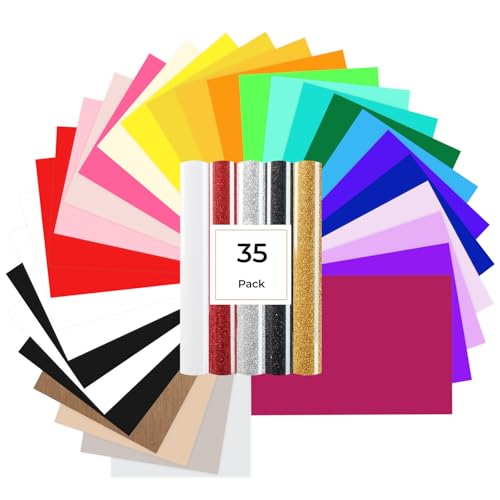 Image of HTVRONT HTV Heat Transfer Vinyl, 35 Pack, 29 Assorted Colors | 12 inchx10 inch With 5 Glitter HTV Iron-On Vinyl For T-Shirts, Compatible with Cricut & Silhouette Cameo