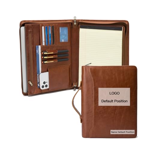Geslun Personalized Genuine Leather Portfolio with Hidden Handle, Front Pocket, Custom Engraved Business Padfolio Tablet/13” Laptop Organizer, Professional Executive Document Folio, Brown, Oil Tanned