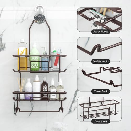 Shower Caddy Hanging over Shower Head Rust Roof Shower Organizer with 10 Hooks for Razor Shampoo Holder Bathroom Shower Rack Storage Shelf with Towel Bar – Bronze by TreeLen - Used condition - Image 2
