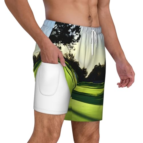 Golf Course Print Mens Swim Shorts Trunks Inseam Compression Liner Quick Dry Zipper Pocket White3