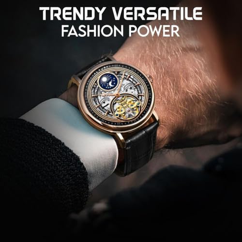 Image of ALTURA Analog Celestial Series Automatic Watch For Men Skeleton 3D Hollow Dial, Diamond Embellishment, Day /Night Subdial, Flywheel, Transparent Back, Leather Strap