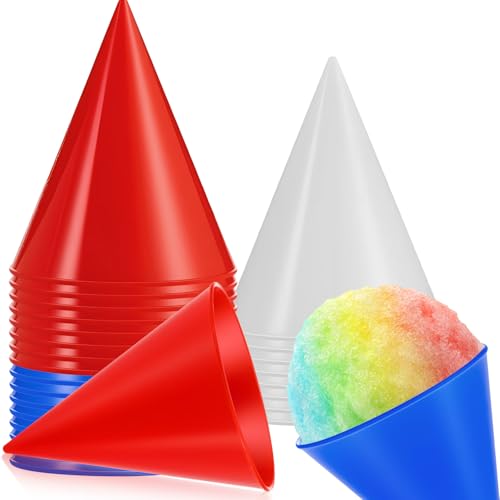 Tioncy 24 Pcs Reusable Plastic Snow Cone Cups 6 oz Small Shaved Ice Cups Summer Fun Gift for Slushies, Shaved Ice Syrup, Snow Cone Machine, Syrup, Sorbet(White, Red, Blue)