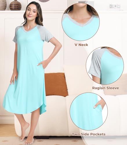 Image of NACHILA Women's Nightgowns-Viscose Made from Bamboo, Soft Sleepshirt Short Sleeve Nightshirt V Neck Sleepwear Cool Loungewear