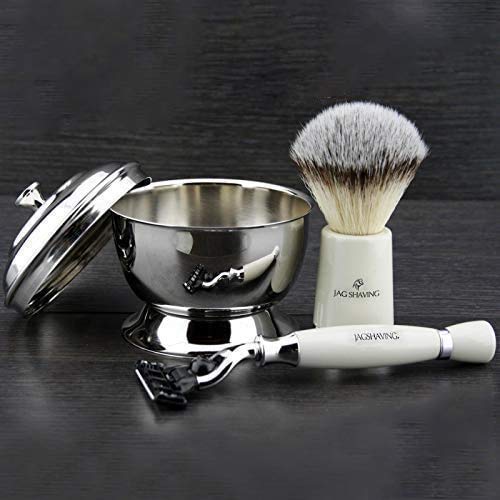 3 Pièces Jag Rasage Ensemble de Rasage - Prêt à Utiliser - par Jagshaving Bout Argenté Synthétique Blaireau & Bord Triple Cover
