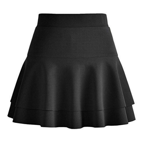Afibi Casual Mini Stretch Waist Flared Plain Pleated Skater Skirt (Medium, Black 2)