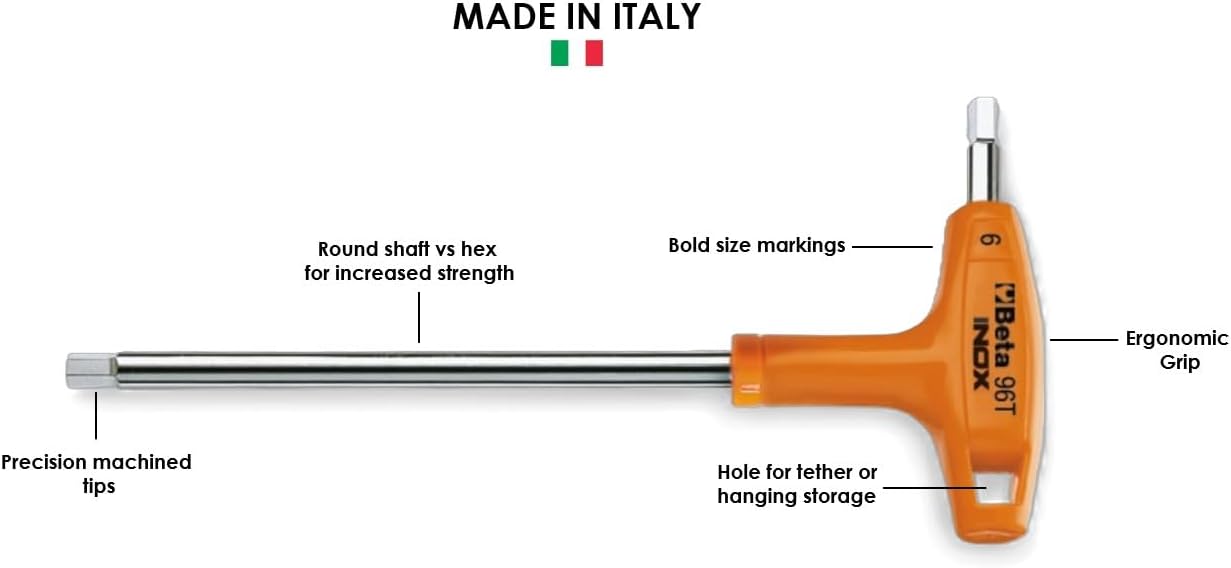 Beta 96TINOX 8mm Metric Stainless Steel T-Handle Hex Key Wrench | Corrosion Resistant | High Torque Ergonomic Allen Wrench |Dual Hex Tips |Drop Prevention Hole | Industrial Strength | Made in Italy