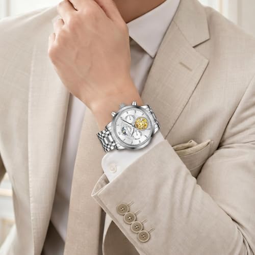 Image of OLEVS Men Automatic Skeleton Watch - Luxury Stainless Steel Calendar Moon Phase Mechanical Dress Wrist Watch with Luminous, Waterproof Self-Wind (Gold /Silver /Blue /Black)