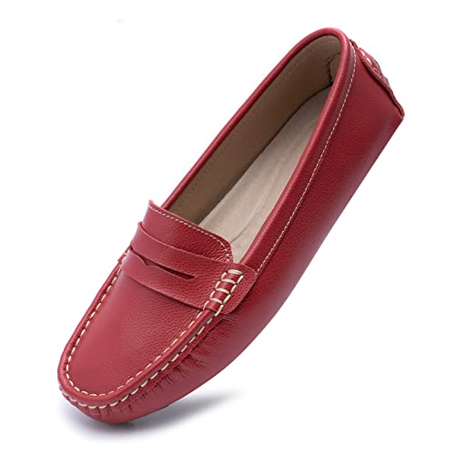 Heydonic Women's Loafers Moccasins Soft Casual Walking Driving Ladies Office Penny Flats Boat Shoes Women Slip On Comfortable Leather Light Red Size 8 #TOP7