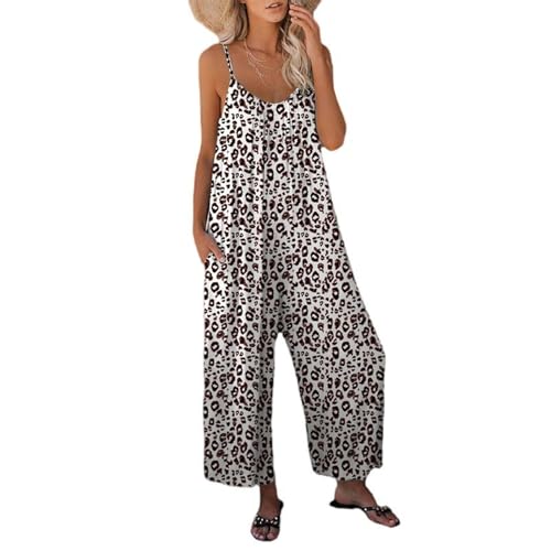 Damen Sommer Jumpsuit mit Leopardenmuster, ärmellos, lockere Hosenträger, einteilige Hose, Leopardenmuster, Braun, L