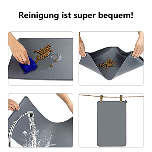 2-teiliges Set Napfunterlage Hund Katzen,wasserdichte und rutschfeste Silikon Fressnapf Unterlage für Futternäpfe Wassernapf,Futtermatte 48x30cm (Schwarz&Grau)
