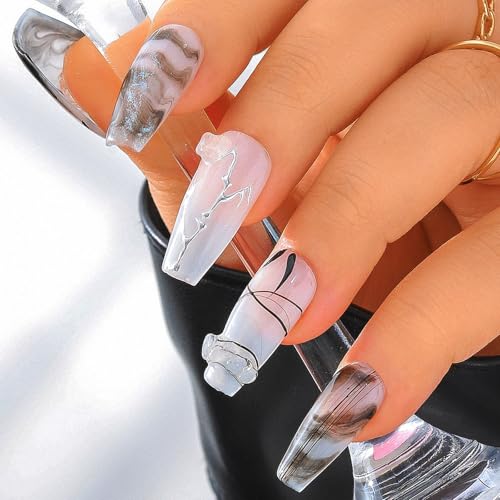 Sethexy Long Coffin Handmade False Nails - Black, Ink Painting, 3D Design, Floral Press on Nails Women Salon Stick on Nails 10PCS - Image 2