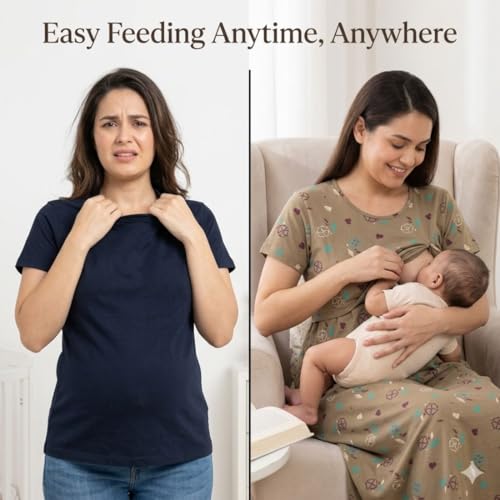 Image of Zero Clothing Feeding Dress for New Moms Casual Loungewear Ankle Length | Cotton Maternity Nighty | Zipless Feeding Dresses for Women | Pregnancy & Nursing Wear