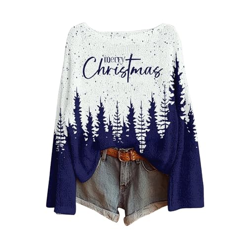 Damen-Weihnachtspullover für Damen, Übergröße, gestrickt, überschnittene Schultern, Koniferen, Buchstaben, Merry Christmas-Pullover, dunkelblau, L