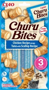 Snack para Gatos Pack 5 Unidades de 10g (50g) - Churu Bites. 100% Natural. Sin Cereales, sin conservantes, sin colorantes. (Atún con Vieira)