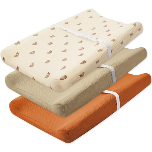 Image of SNOOZYNEST 3 Pack Muslin Changing Pad Cover, Solid Changing Table Pad Cover, Soft Breathable Double Layer Boho Changing Pad Sheets Fit for Standard Changing Pad 16" x 32" (Rainbow & Orange & Khaki)