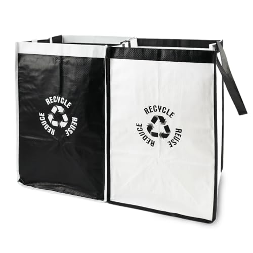 Cateye 2 Pack Recycling Bags White And Black Reusable Storage Bag For Waste Sorting Organizer Polypropylene Recycling Bin Bags With Handles Indoor Recycle woven Bag For Kitchen Home Office Laundry