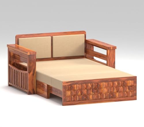Image of Wooden Sofa Cum Bed | Sheesham Wood Sofa Bed for Living Room | Handmade Heavy Duty Foldable Sofa Cum Bed with Mattress Option | Traditional Modern Design (Allis Honey)