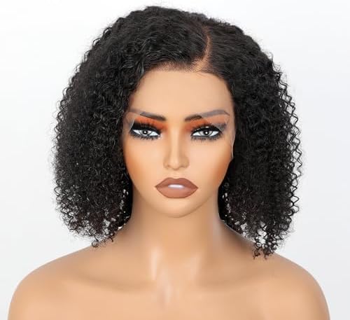 BLY C Part Afro Kinky Curly Bob Wigs 13x6 HD Lace Front Wig 14 Inch Human Hair Glueless Wig Side Part Pre Plucked for Women Natural Black Color 180 Density