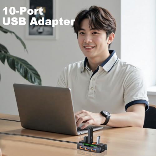 Image of 10 Port USB 2.0 HUB with Power /Data Port, 5gbps Hi-Speed Data Transfer, Plug and Play, USB Charging Docking Station for Laptop, Computer