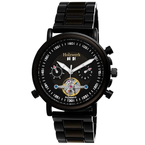 Holzwerk Germany Handgefertigte Automatik Herren-Uhr Öko Natur Holz-Uhr Holz Armband-Uhr Braun Schwarz Weiß Analog Datum Anzeige