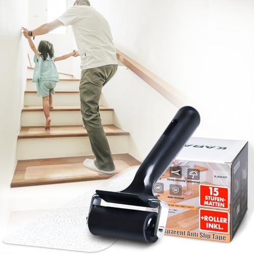KARAT Stufenmatten transparent für Treppen -15 Stück - 60 x 10 cm, Antirutschstreifen selbstklebend inkl. Montageroller - Treppenstufen Matten für Holztreppen, Anti Rutsch Streifen Treppe (Henri)