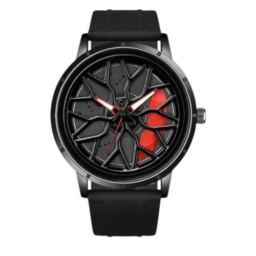 Image of Stylish Car Wheel Watch, Racing Brake Disc Design Dial, Black Slicon Magnetic Strep Band, Red Accents Dial for Boyes and Man (Flower RED)