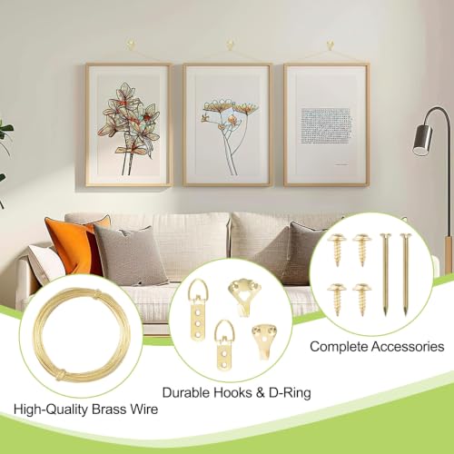 Image of Picture Hanging Kit - 2 Roll 3M Picture Wire & 10 Hanging Hooks & 12 D-Rings with Nails Heavy Duty Picture Hangers for Wall Art, Exhibitions & Galleries (Gold)